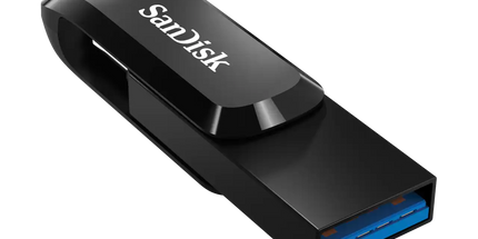 USB Flash Drive 64GB 300MB/s USB-C & USB-A SanDisk Ultra Dual Drive Go SDDDC3-064G-G46, USB 3.2 Gen 1, dizajn rrotullues dhe backup me aplikacion.     64GB Black SanDisk Ultra Dual D…
