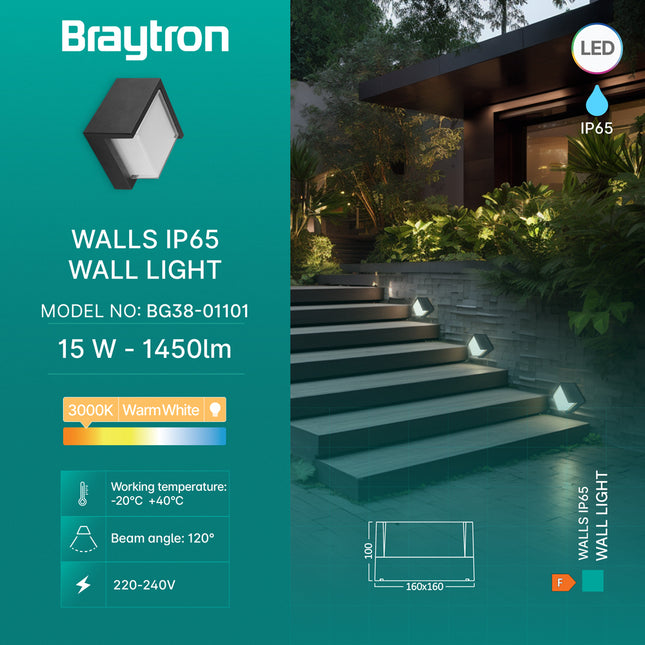 ndricues muror LED Braytron BG38-01101 15W 3000K IP65 Shqiperi ndricim outdoor katror dritë e ngrohtë per fasade shtepie