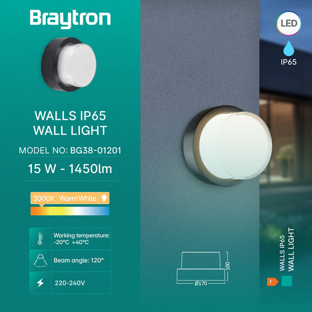 ndricues muror LED Braytron BG38-01201 15W 3000K IP65 Shqiperi ndricim outdoor rrethor modern dritë e ngrohtë per ambiente te jashtme