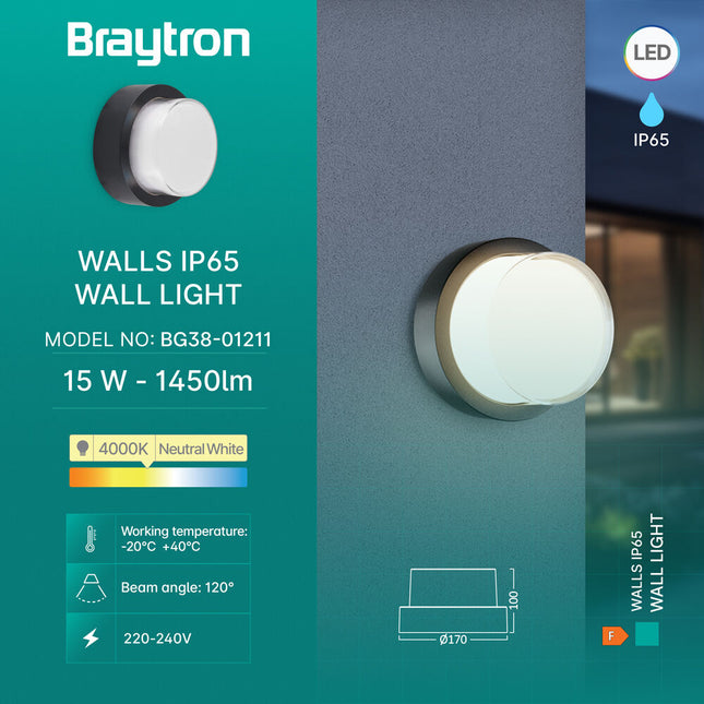 ndricues muror LED Braytron BG38-01211 15W 4000K IP65 Shqiperi ndricim outdoor rrethor dritë natyrale per hyrje dhe fasade moderne